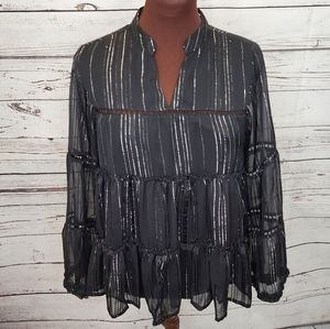 Sweet Magnolia Black Tiered Ruffle‎ Silver Metallic Bell Sleeve Top Size Large